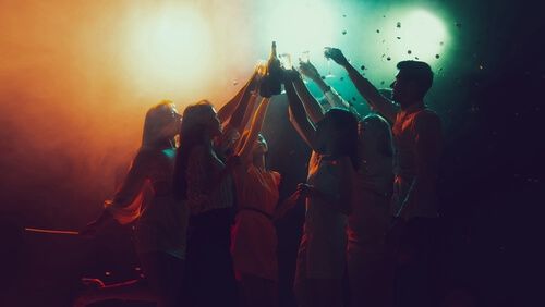 חברים חוגגים ומרימים לחיים במסיבה